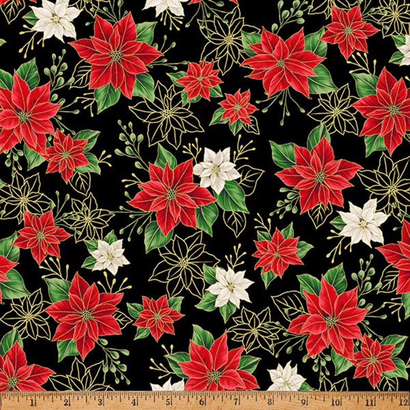 Hoffman Metallic - Blooming Holidays X7788 4G Black/Gold Poinsettia Bunches By The Yard