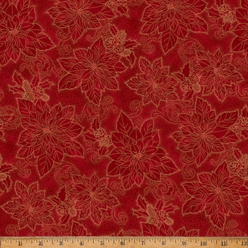 Hoffman Metallic - Christmas Splendor W7782 78G Scarlet/Gold Dotty Poinsettia By The Yard