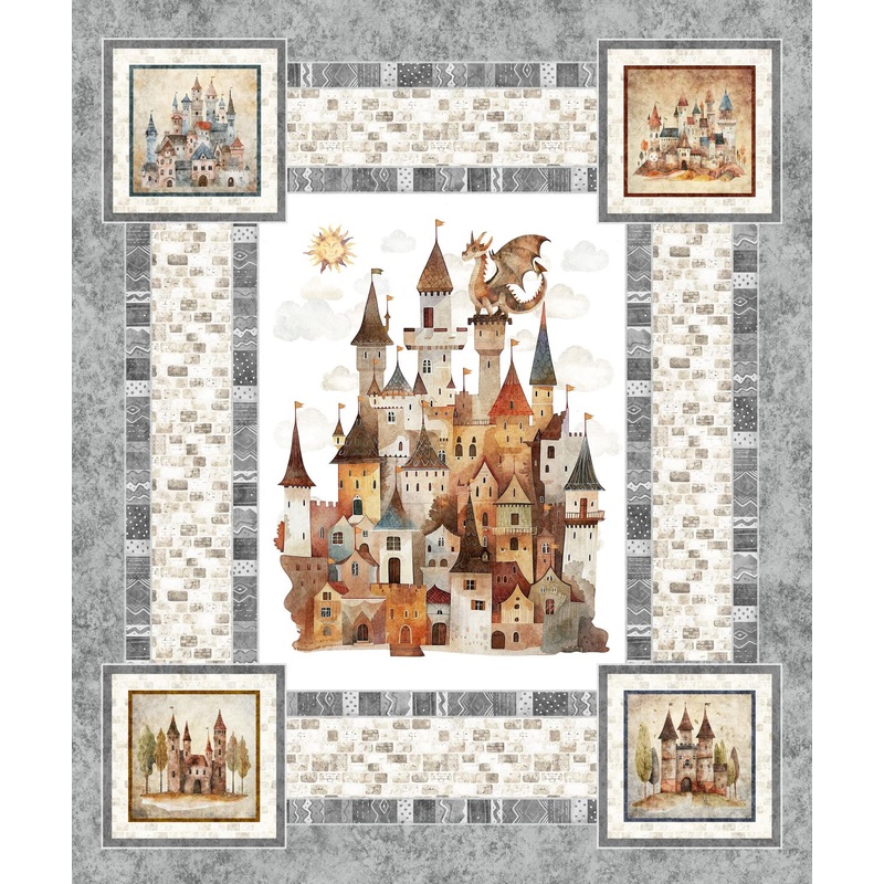 Dragon Dreams Gray Castle and Baby Dragon Panel 31146 K