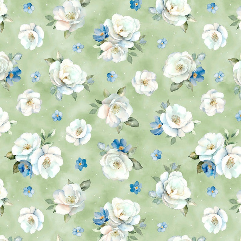 Wilmington Prints Blue Harmony 33901 717 Green/Blue Floral Toss By The Yard