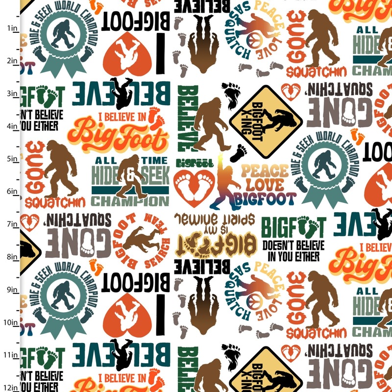 3 Wishes Fabrics/Studio E - Legendary Loner 23816 White I Believe In Bigfoot By The Yard