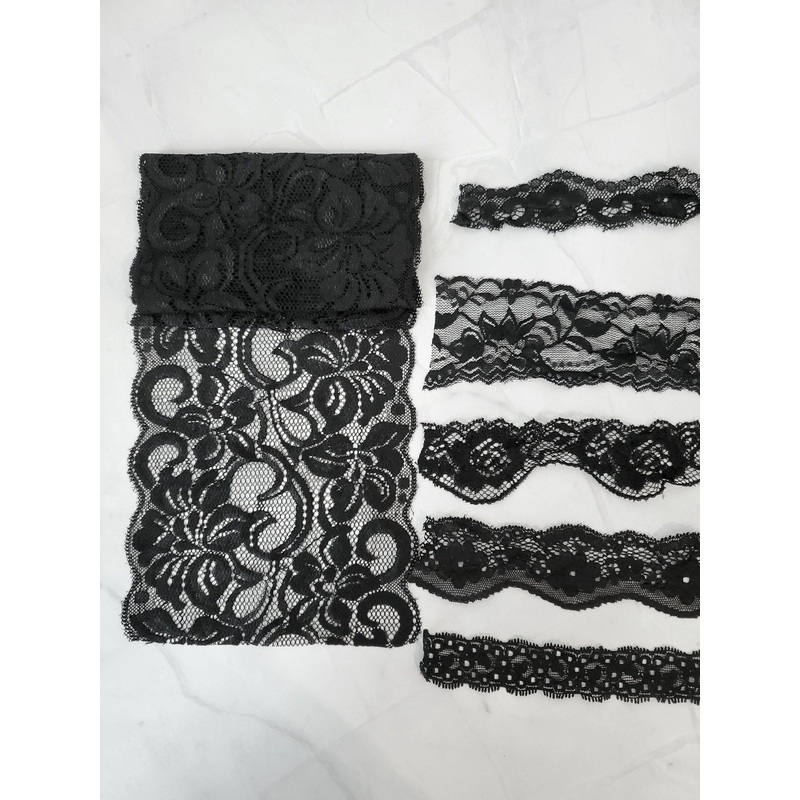 Black Stretch Lace Trim Scrap Pack Scrap Bundle 6 pieces of 1-2 yards each