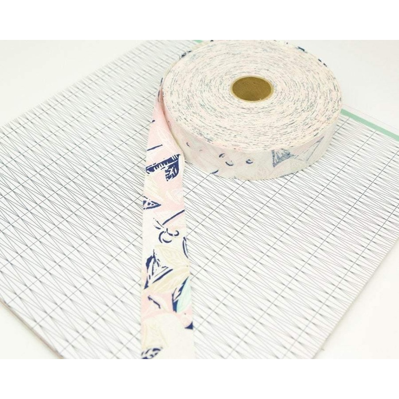 Cotton Bias Tape Light Pink Navy and Sand Beige Leaves Printed Woven 1.25 inches wide x 10 yards