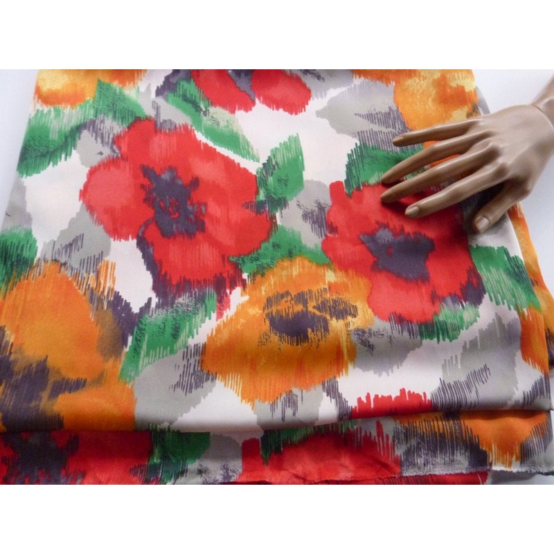 Red and Orange Floral Print Light Weight Matte Satin Woven Fabric 1 Yard 32 Inches