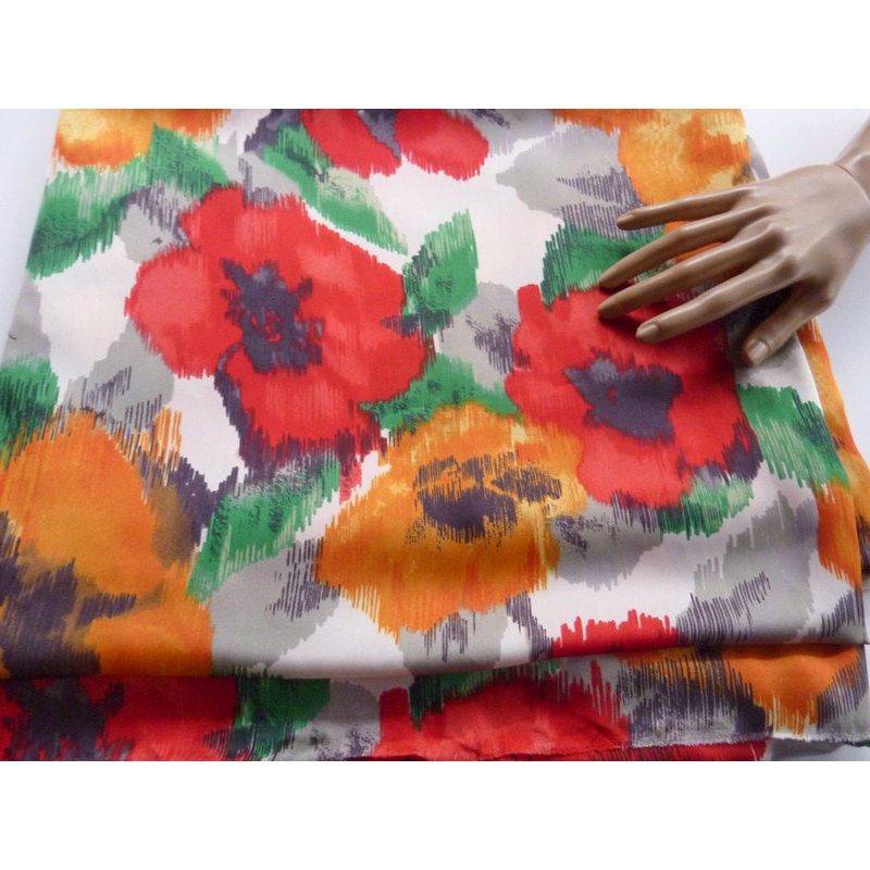 Red and Orange Floral Print Light Weight Matte Satin Woven Fabric 1 Yard 34 Inches