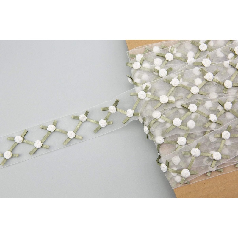 White Fabric Flowers Trim Mini Flowers Tiny Flowers on Organza Trim Flower Trim 1.5 inches width x 6 yards ATN00649