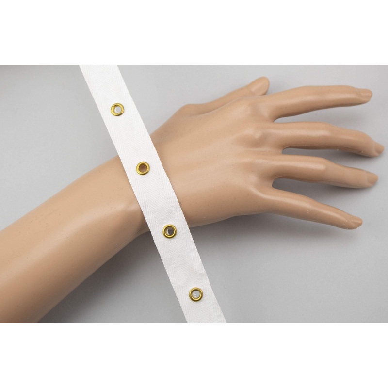 White Grommet Tape with Gold Eyelet Cotton Twill Tape on Trim 5 yards ATN00940