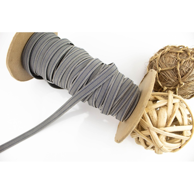 Gray and Navy Blue Stripe Grosgrain Like Elastic Trim 5 yards Made in Italy