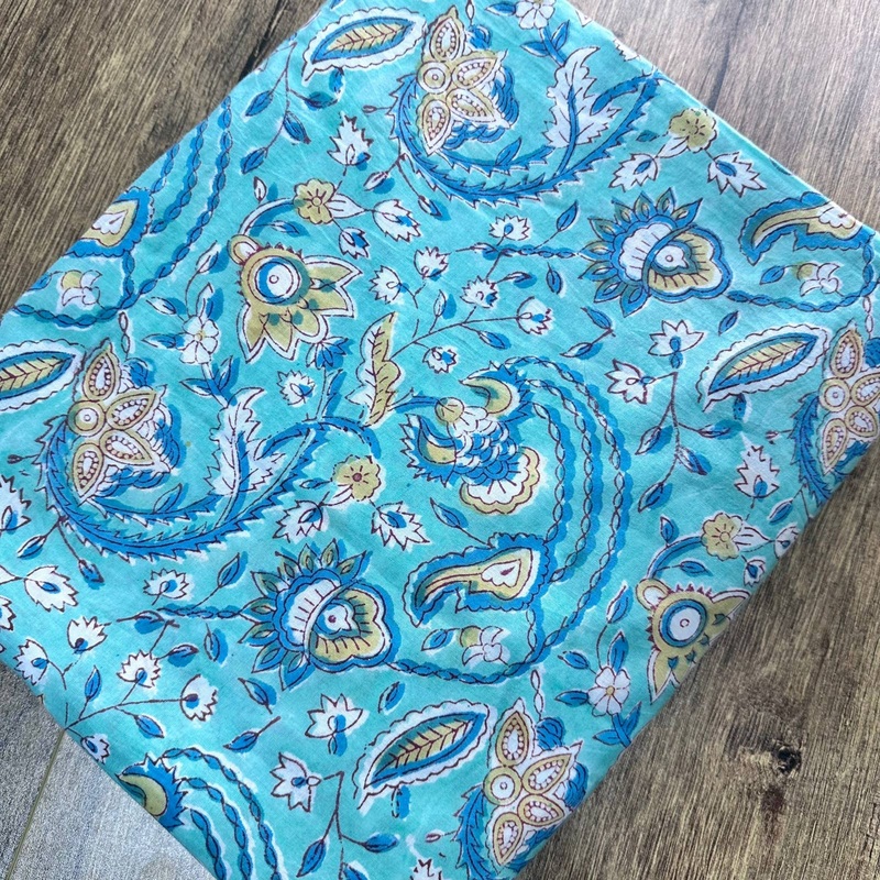 Aqua Paisley Indian Block Print Cotton