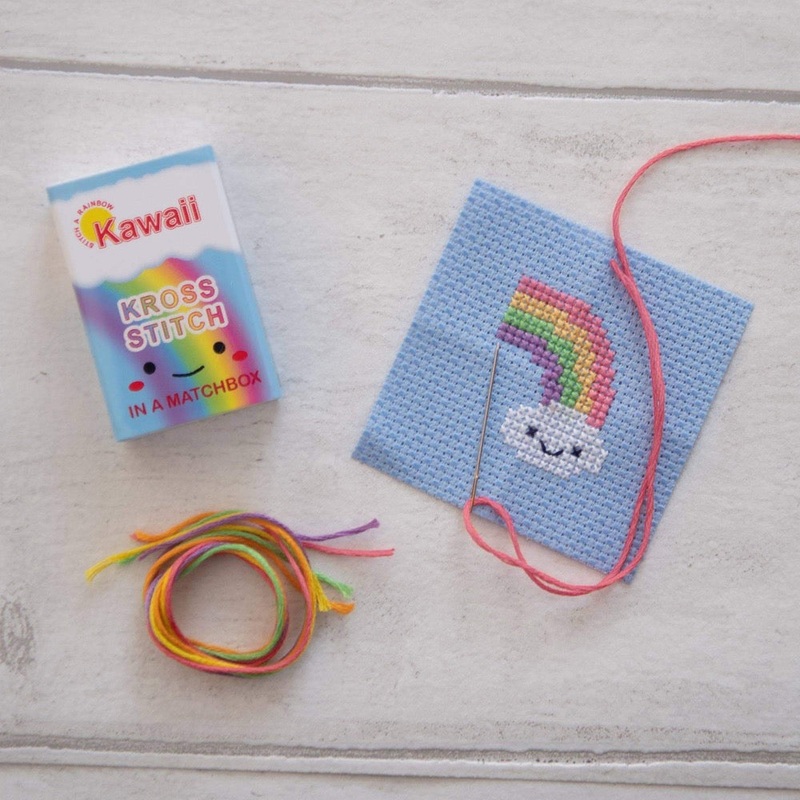 Kawaii Rainbow Cloud Mini Cross Stitch Kit in a Matchbox