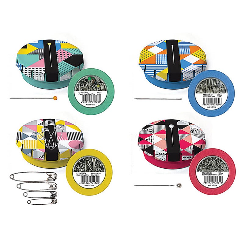 Pins with Carrying Case-Green- Plastic Head Pins & Blue- Steel Dress Pins & Yellow- Safety Pins & Red- Pearl Head Pins
