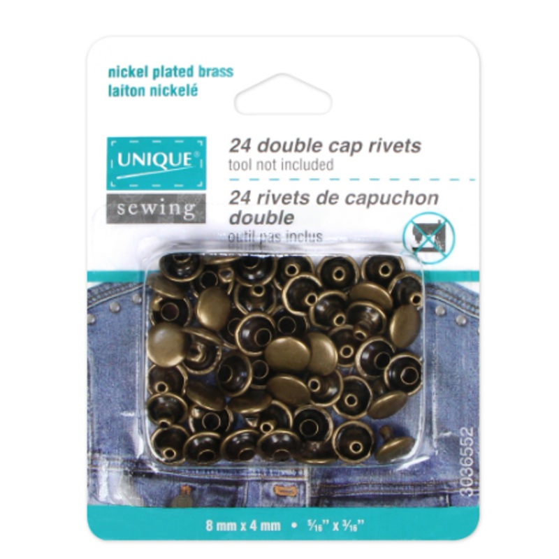 UNIQUE SEWING Double Cap Rivets - Nickel plated brass - 8mm x 4mm (5/16 x 3/16) - 24 pcs