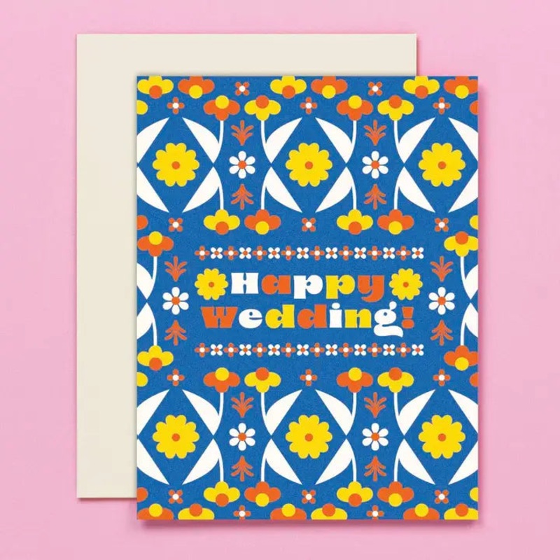 Happy Wedding Folksy Retro Flower Pattern Wedding Card
