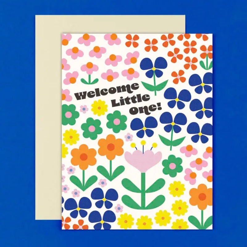 Welcome Little One Retro Flower Pattern New Baby Card
