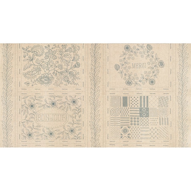 Bonheur - Mochi Linen Panel - 70%Cotton/30%Linen - Broderie - Woad