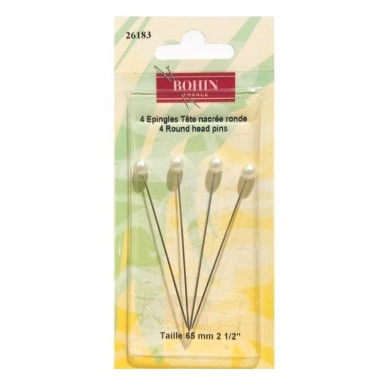 Bohin Pearl Head Pins, White, 65mm x 4