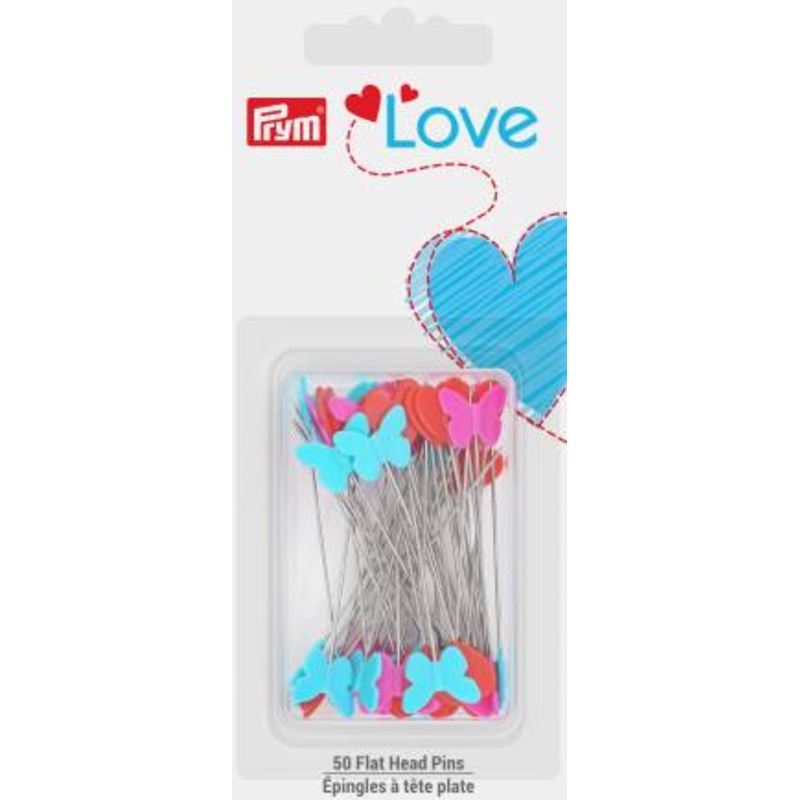 Prym Love Flat Pins, Stainless Steel, 50pc, Hearts (Blue, Pink, Red)