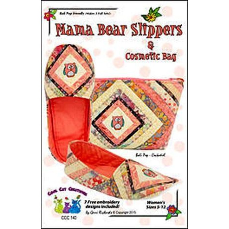 Cool Cat Creations Mama Bear Slippers & Cosmetic Bag Pattern (Womens Sizes 5-12) - 7 FREE Embroidery Designs Included