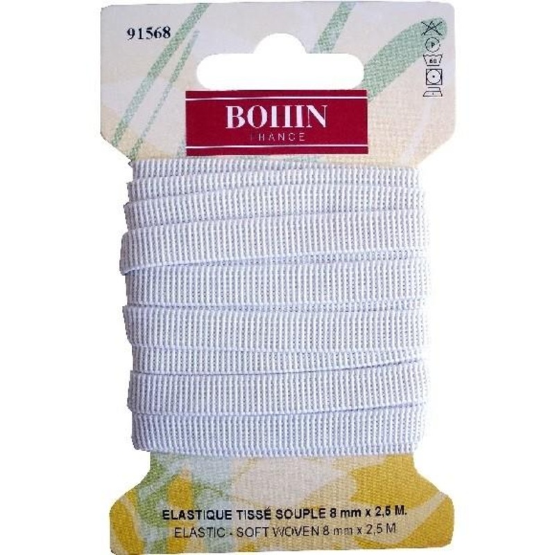 Bohin Soft Woven Elastic, 8mm, White, 2.5m
