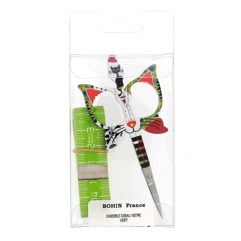 Bohin Cat Embroidery Scissors & Green Tape Measure Duo