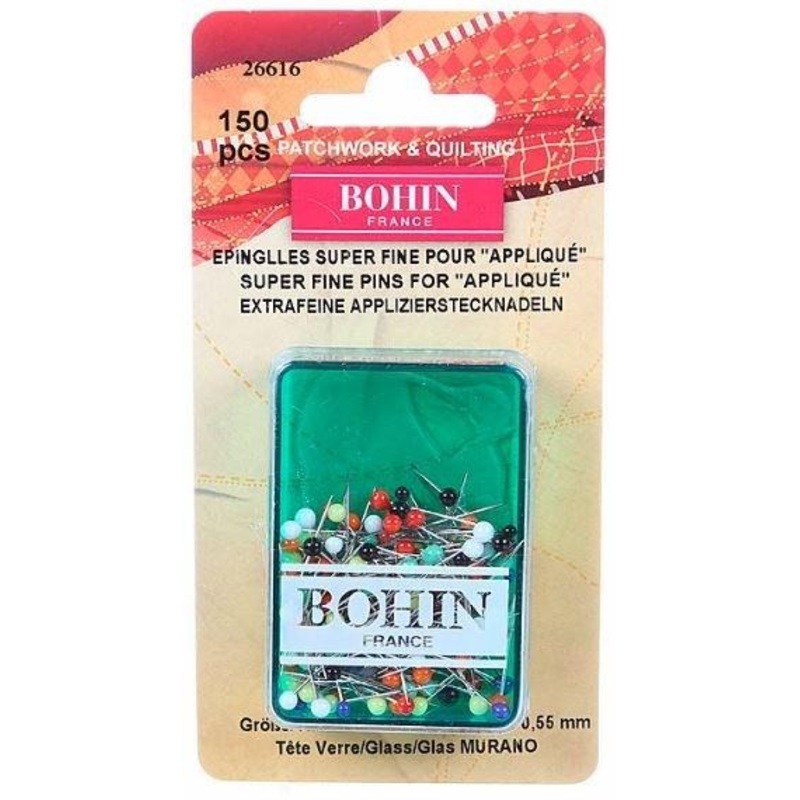 Bohin Glass Head Super Fine Appliqu Pins, Assorted Colours, 55mm x 150pc.