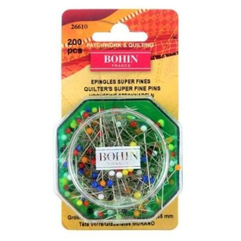 Bohin Glass Head Super Fine Quilters Pins, Assorted Colours, 65mm x 200pc.