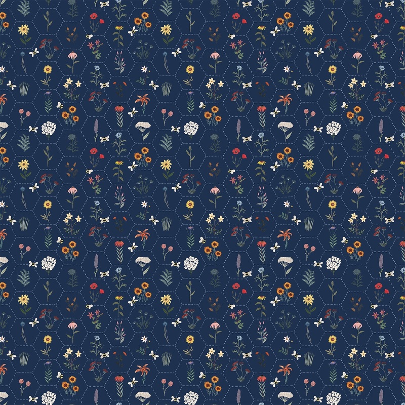 Eden Hexi Floral Navy-Fat Quarter 18"x22" & Half Yard 18"x44" & Full yard 36"x44"