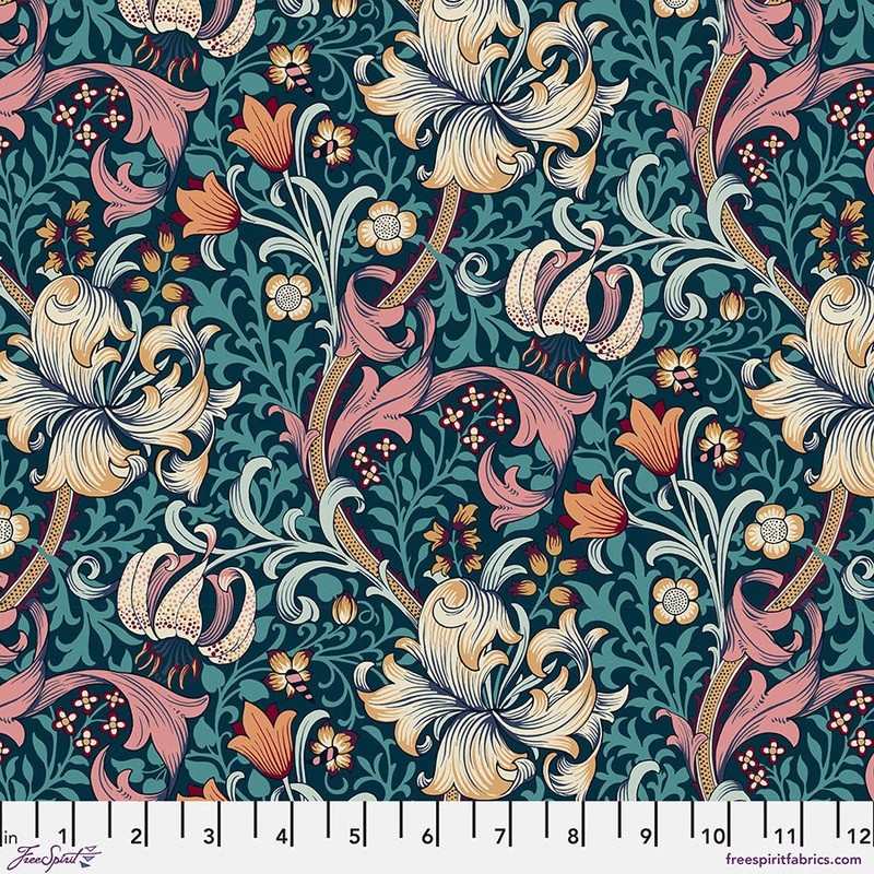 Golden Lily Teal-Fat Quarter 18"x22" & Half Yard 18"x44" & Full yard 36"x44"