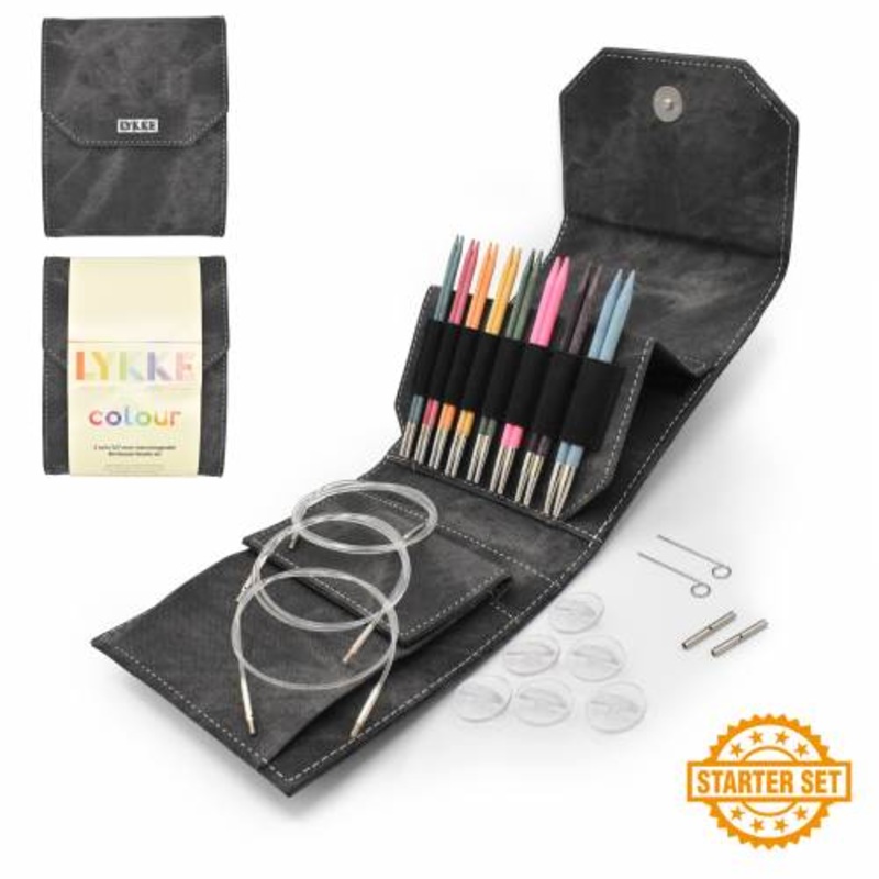 Lykke 5 IC Birchwood Knitting Needle Starter Set - COLOUR / Grey Denim Effect Case