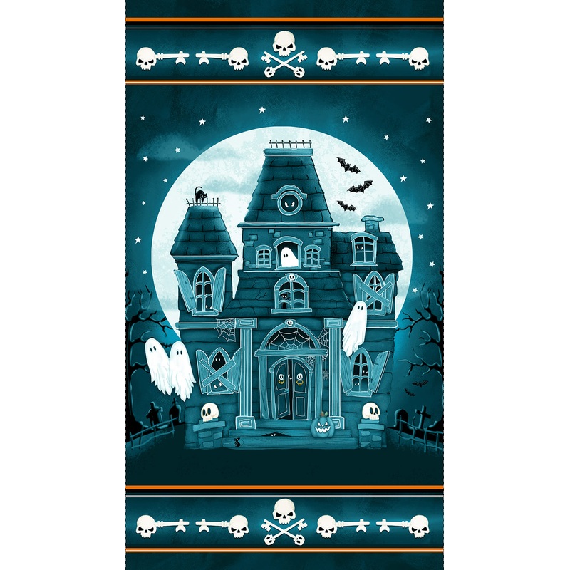 Welcome Foolish Mortals - Glow: 24 HAUNTED HOUSE Panel Fabric Q-1457PG-77