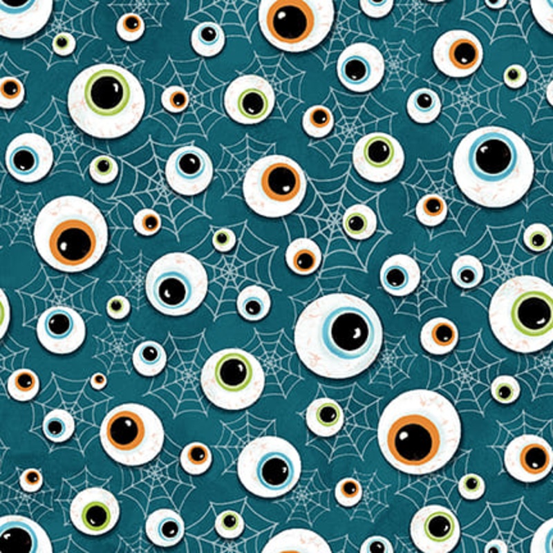 Welcome Foolish Mortals - Glow: EYEBALLS AND WEBS Fabric Q-1455G-77  (1/2 yd.)