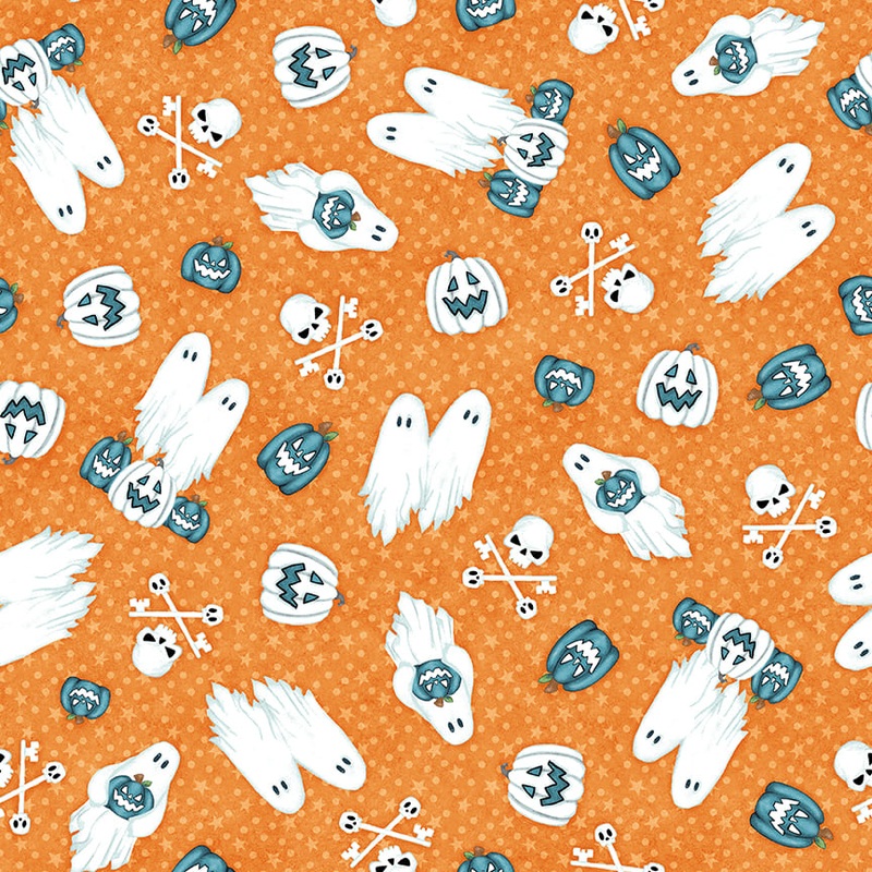 Welcome Foolish Mortals - Glow: TOSSED GHOST AND PUMPKIN Fabric Q-1449G-33 (1/2 yd.)