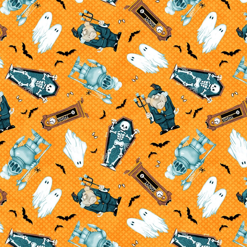 Welcome Foolish Mortals - Glow: TOSSED HALLOWEEN MOTIF Fabric Q-1452G-33  (1/2 yd.)