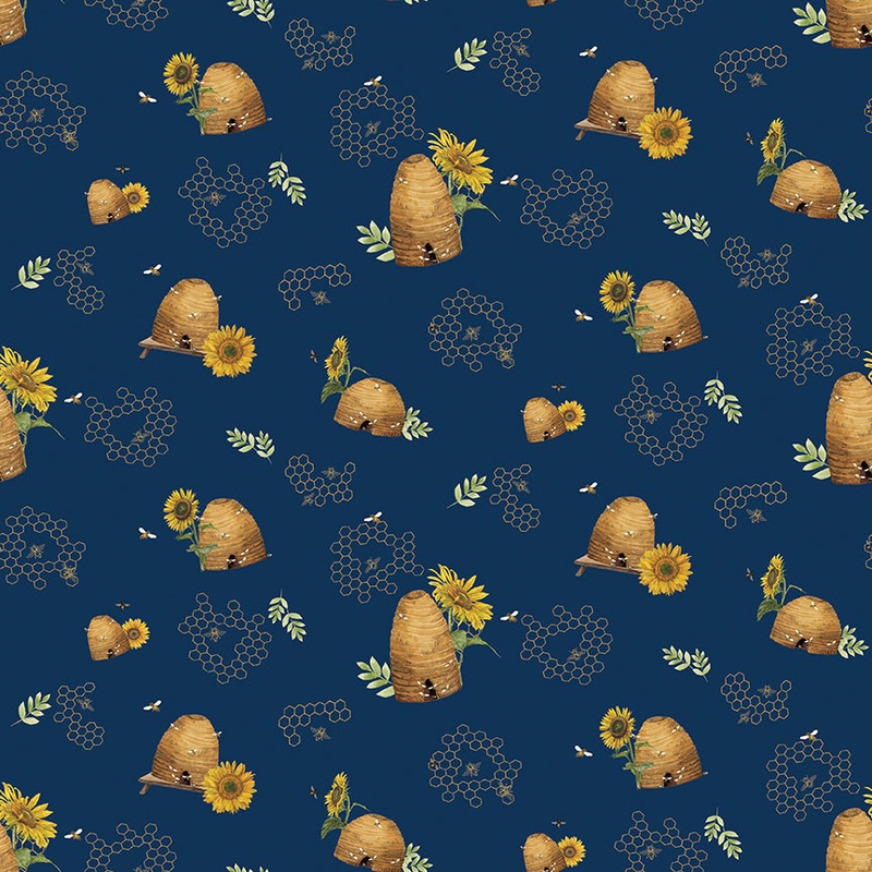 Honey Bees and Flowers Please: BEEHIVES - NAVY Fabric (1/2 Yd.)