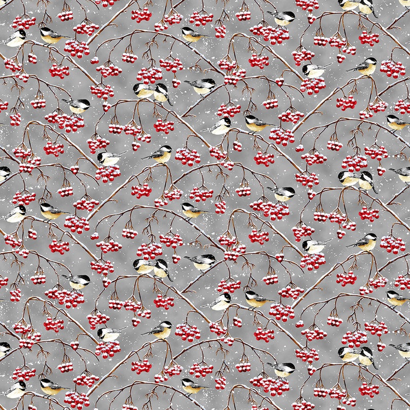 Snow Crew: GRAY CHICKADEES & BERRIES 1286-90 Fabric (1/2 yd)