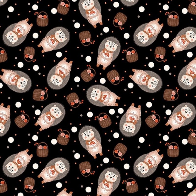 Cheerful Cheeks BLACK HEDGEHOGS Digitally Printed Fabric (1/2 yd.)