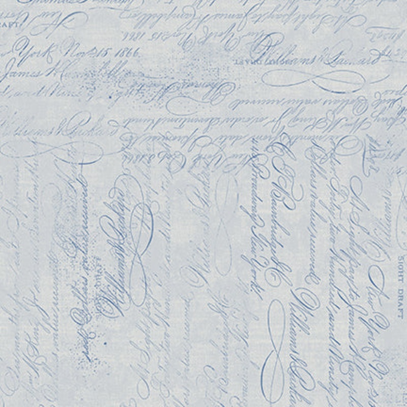 English Blue & White: HANDWRITING LIGHT GRAY Fabric (1/2 yd)