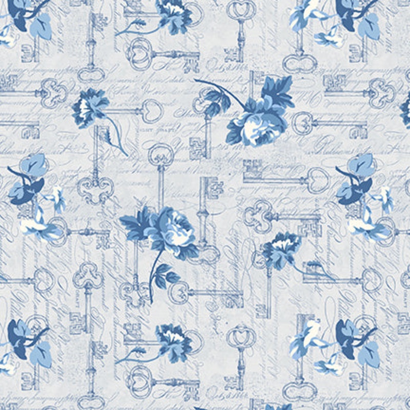 English Blue & White: LIGHT GRAY FLOWERS With Keys Fabric (1/2 yd)