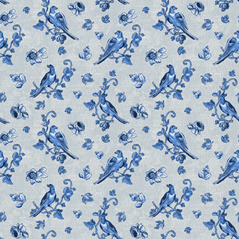 English Blue & White: LT GRAY BIRDS With Flowers Fabric (1/2 yd)