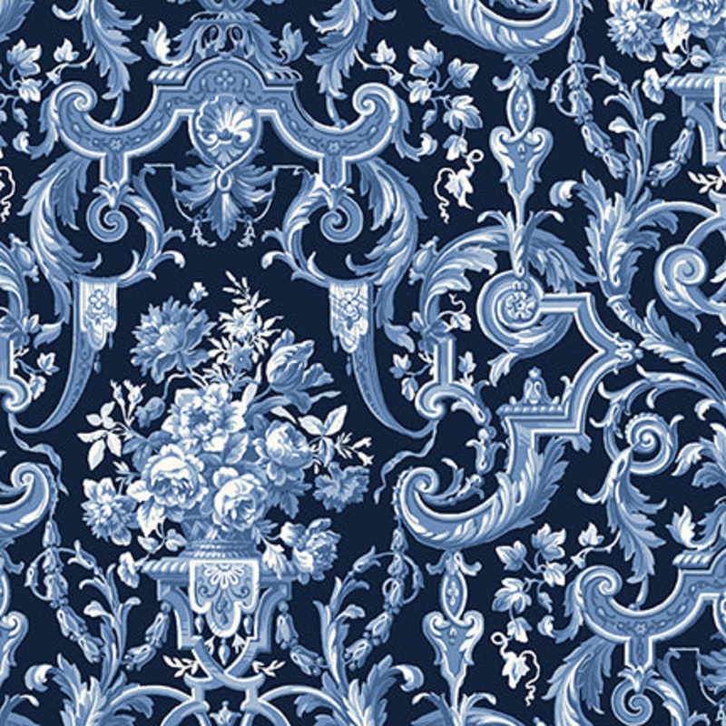 English Blue & White: NAVY FLOWERS in VASES Fabric (1/2 yd)