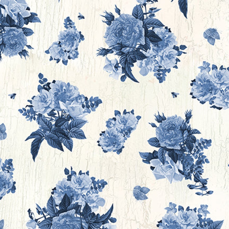 English Blue & White: WHITE FLOWER BOUQUETS Fabric (1/2 yd)