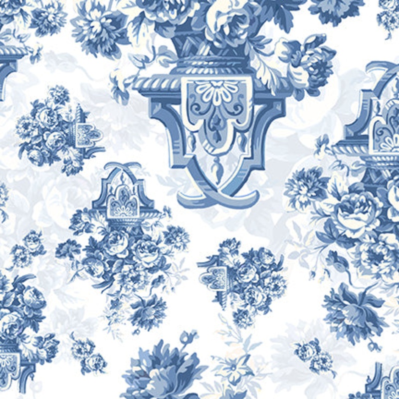 English Blue & White: WHITE FLOWERS in VASES Fabric (1/2 yd)