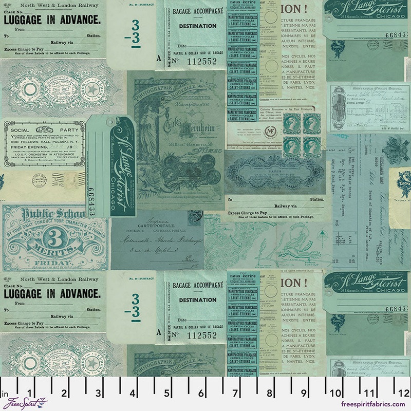 Eclectic Elements Palette: TEAL EPHEMERA Fabric (1/2 yd) by Tim Holtz