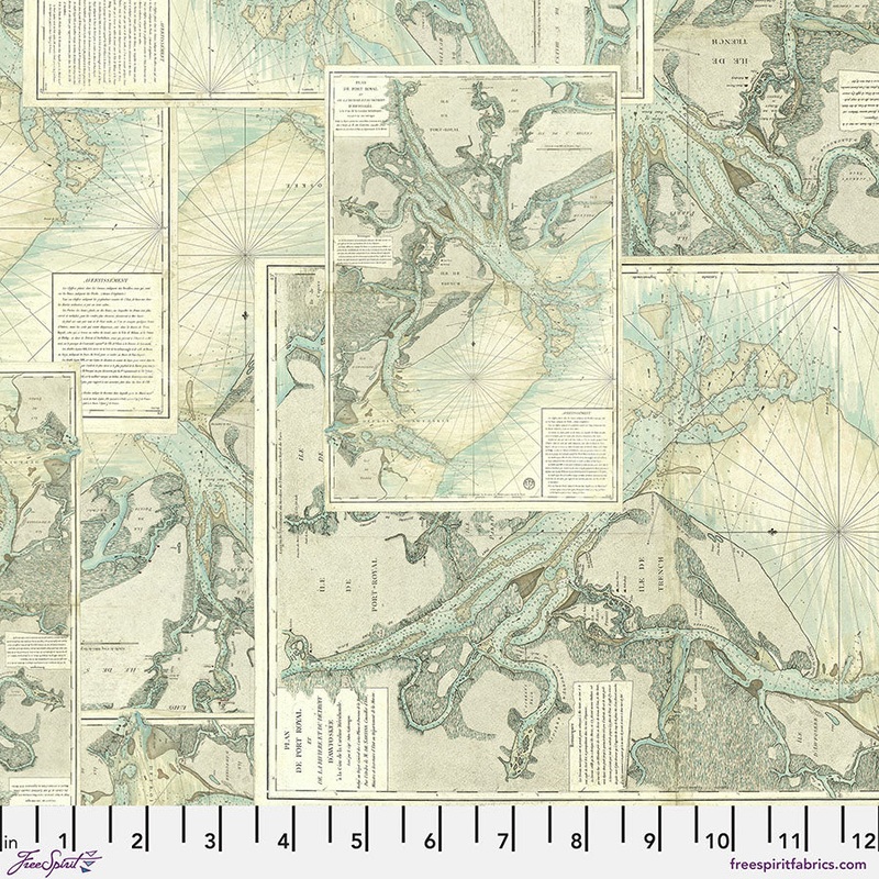 Eclectic Elements Palette: TEAL MAP Fabric (1/2 yd) by Tim Holtz