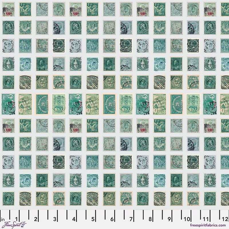 Eclectic Elements Palette: TEAL STAMPS Fabric (1/2 yd) by Tim Holtz