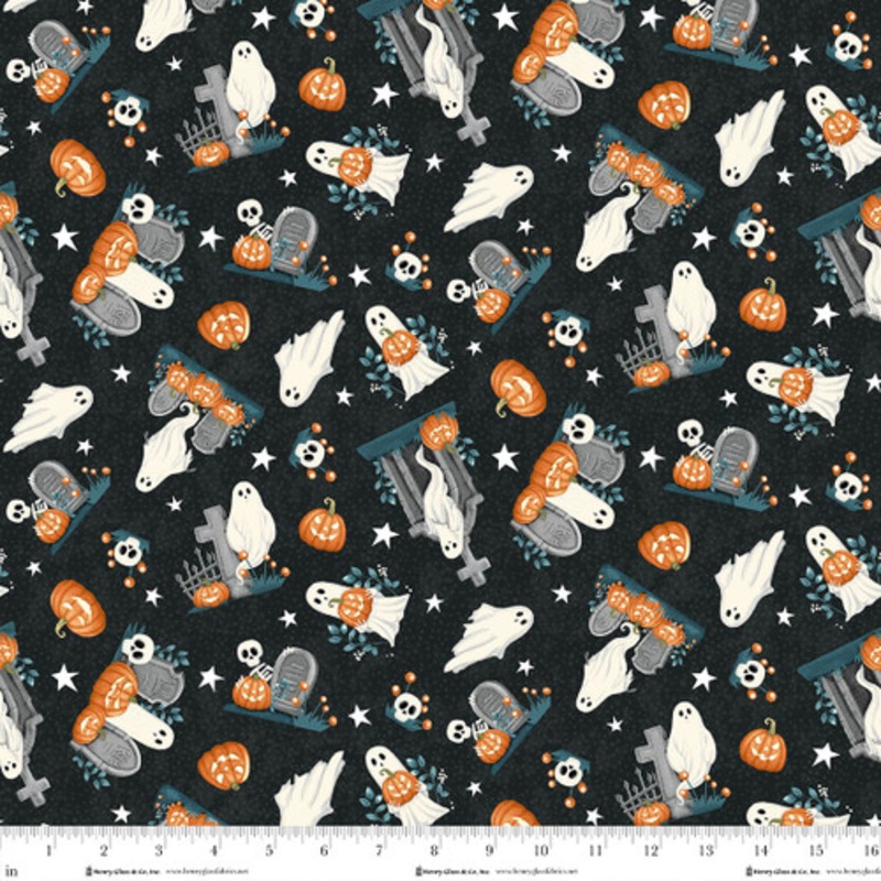 Ghosts in the Graveyard: TOSSED GHOSTS GLOW Black Fabric (1/2 yd)