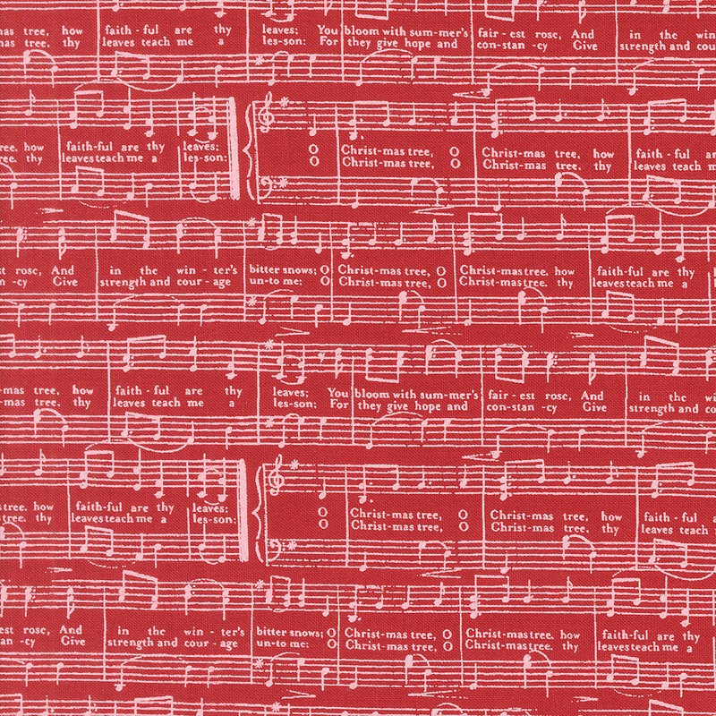 Berry and Pine: O Christmas Tree and Words Music Notes Cranberry Fabric (1/2 yd) by Lella Boutique