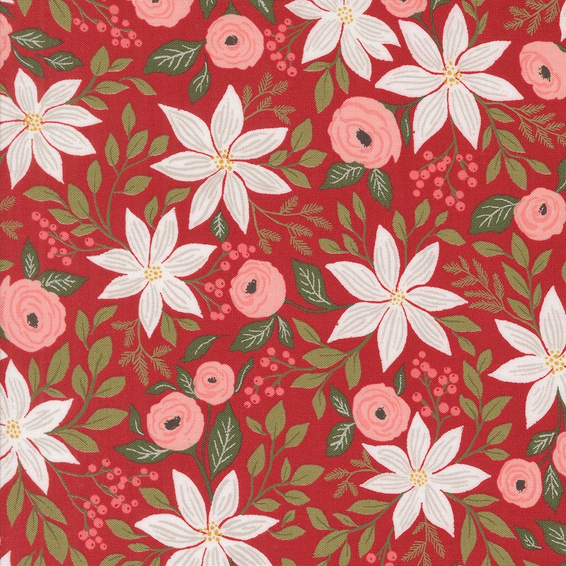 Berry and Pine: POINSETTIA PARTY FLORALS Cranberry Fabric (1/2 yd) by Lella Boutique