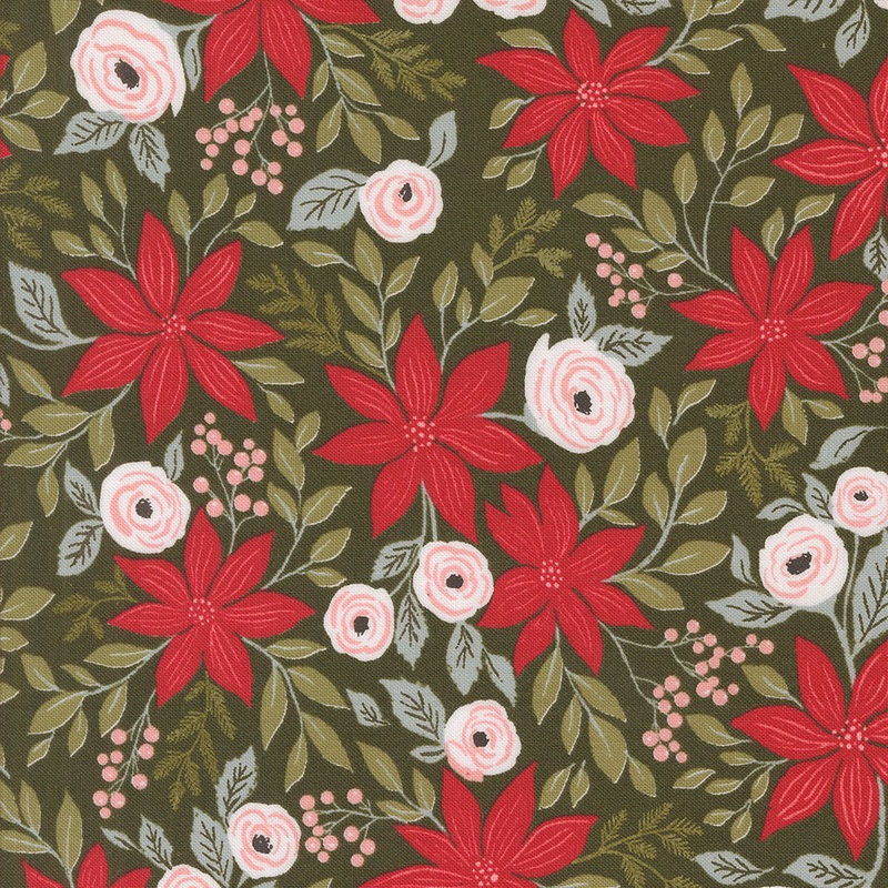 Berry and Pine: POINSETTIA PARTY FLORALS Wintergreen Fabric (1/2 yd) by Lella Boutique