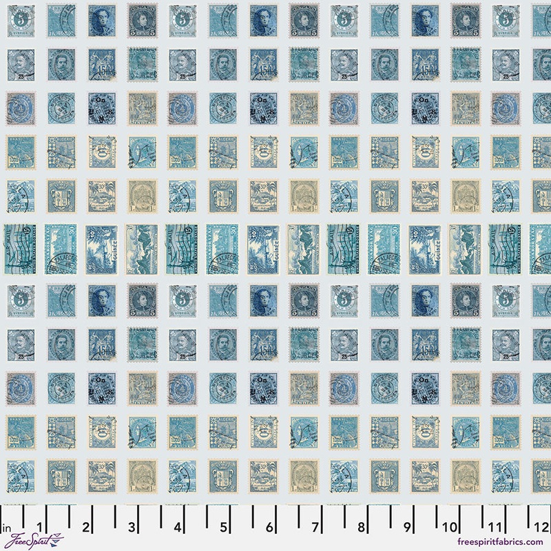 Eclectic Elements Palette: BLUE STAMPS Fabric (1/2 yd) by Tim Holtz